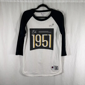 Champion Shirt Men's Medium White Black 3/4 Sleeve Crew Neck Est 1951 Print